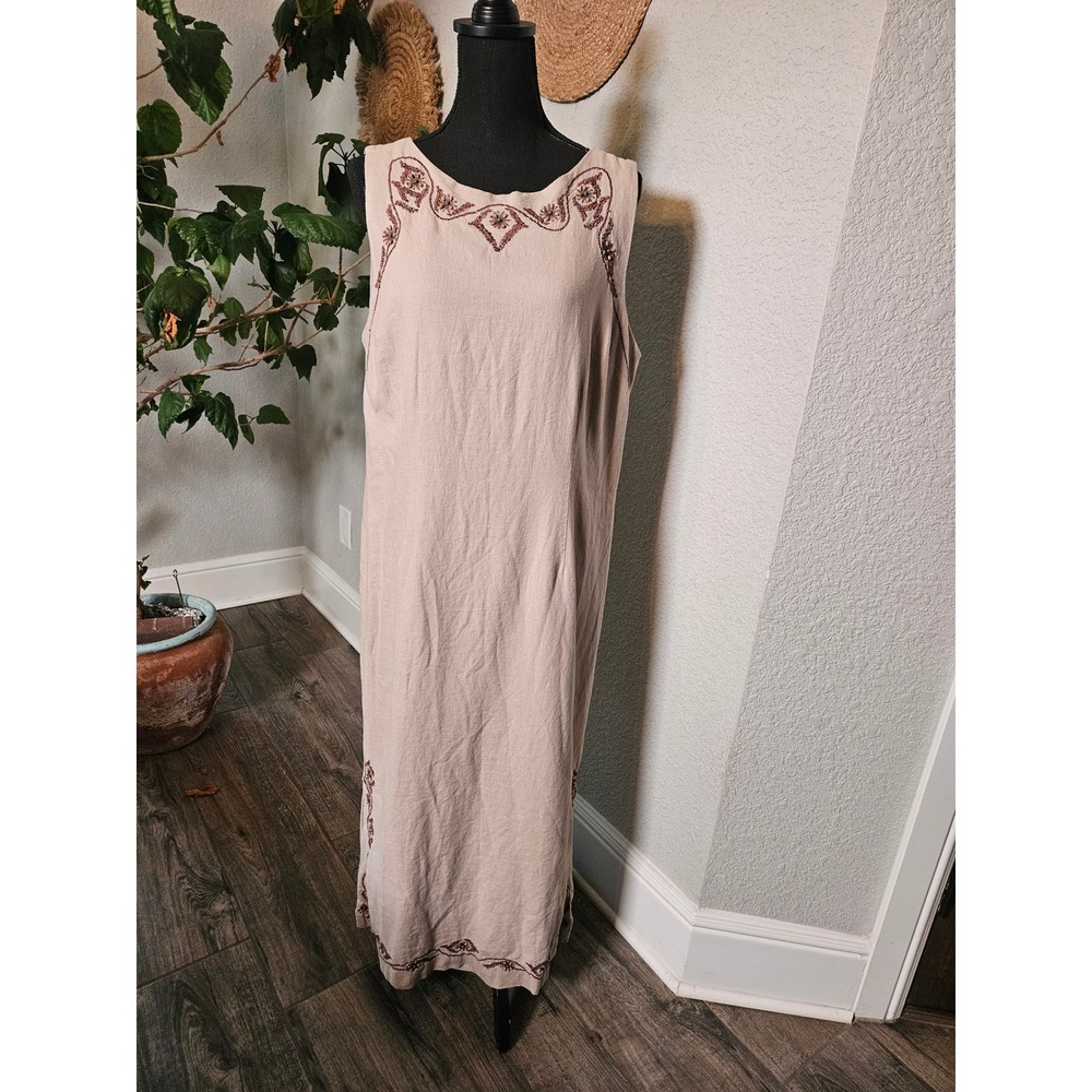 Sag Harbor Linen Blend Embroidered Beaded Sleeveless Maxi Dress Tan Size 16